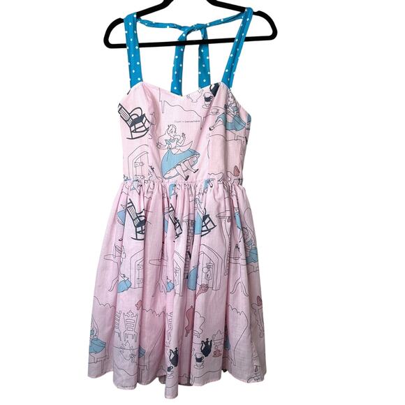 Cute Alice In Wonderland Print Pink & Blue Flowy Halter Top Apron Dress Zip SM - Picture 1 of 11
